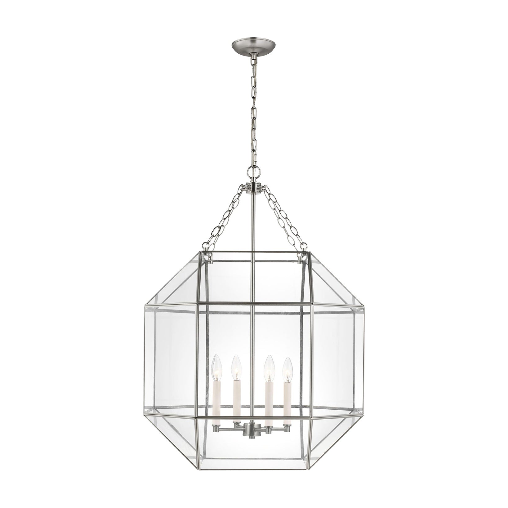Morrison Large Four Light Lantern LIGHTING - pendant Visual Comfort Brushed Nickel Clear Glass