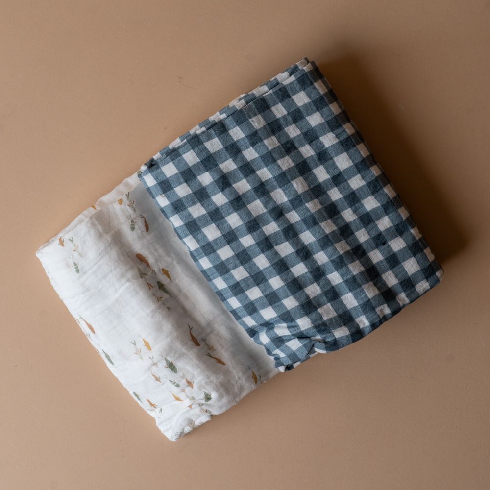 Cotton Swaddle Set FINNBIRD - swaddle Lulujo (Faire) Navy Gingham/Fish