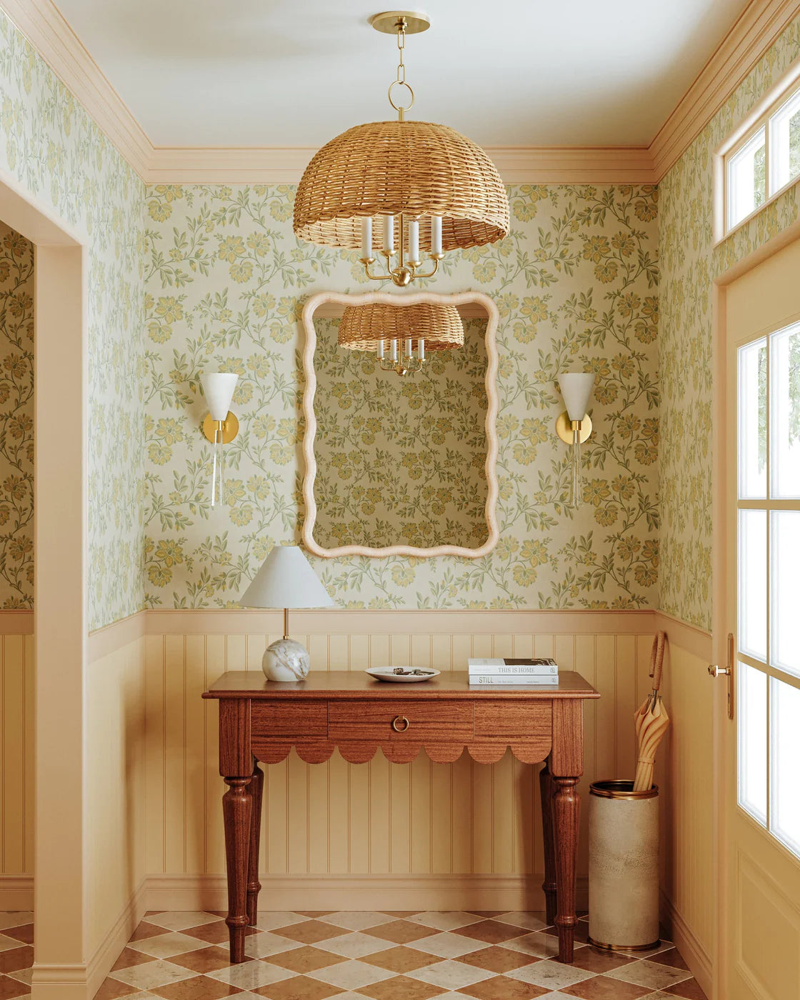 Traditional yet modern rattan pendant with brass candelabra details, perfect for a modern, English style interior.
