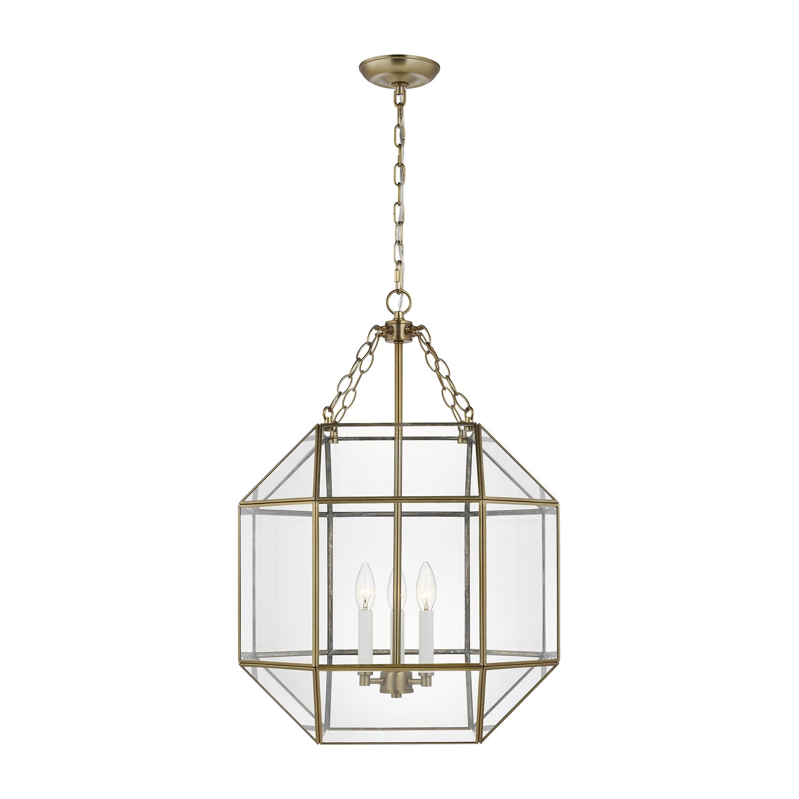 Morrison Medium Three Light Lantern LIGHTING - pendant Visual Comfort Satin Brass Clear Glass