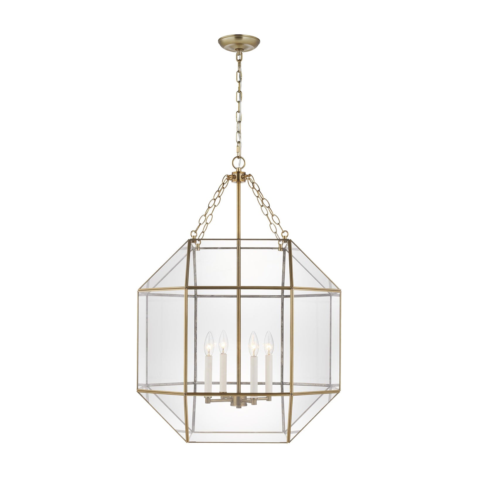 Morrison Large Four Light Lantern LIGHTING - pendant Visual Comfort Satin Brass Clear Glass