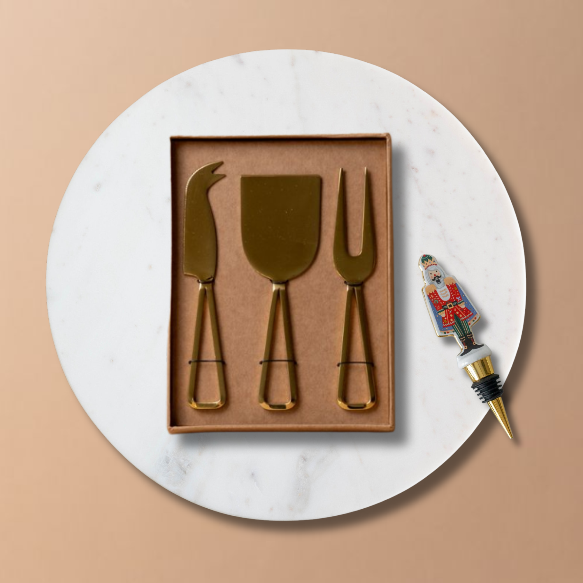 Holiday Gifting Bundle | Marble Platter, Gold Cheese Knife Set & Wine Stopper Rug and Weave