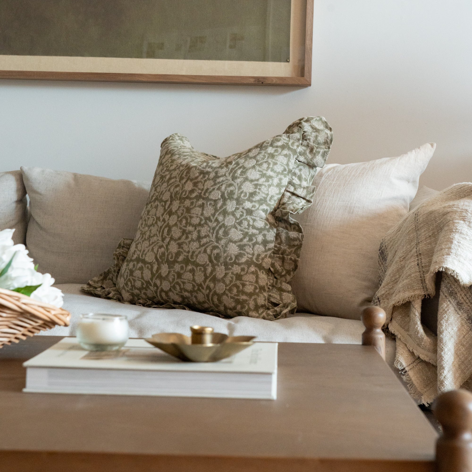 Olivia Block Print Ruffle Pillow Cover 1 - PILLOWS - Block print - neutral ORNA HOUSE