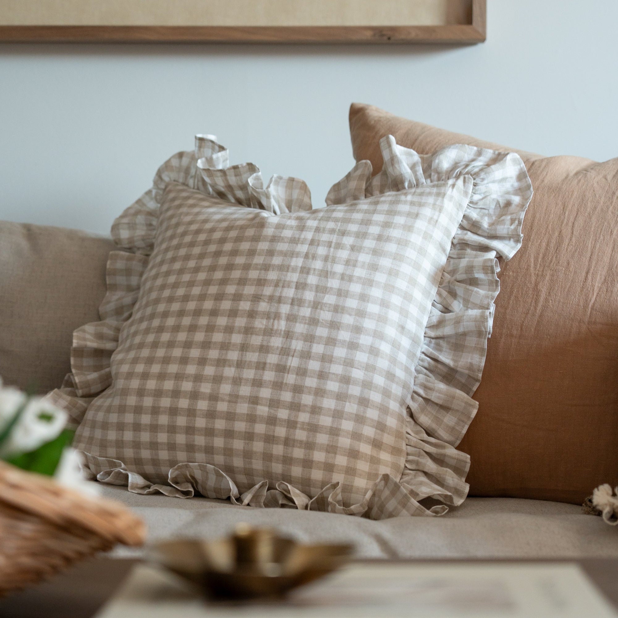 Gingham Ruffle Pillow Cover 1 - PILLOWS - Linen - neutral Rug & Weave Pillows
