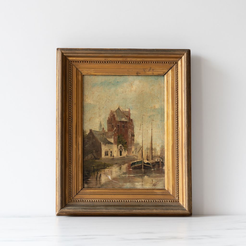 "Ships In The Harbour" Framed Antique Oil Painting - Rug & Weave