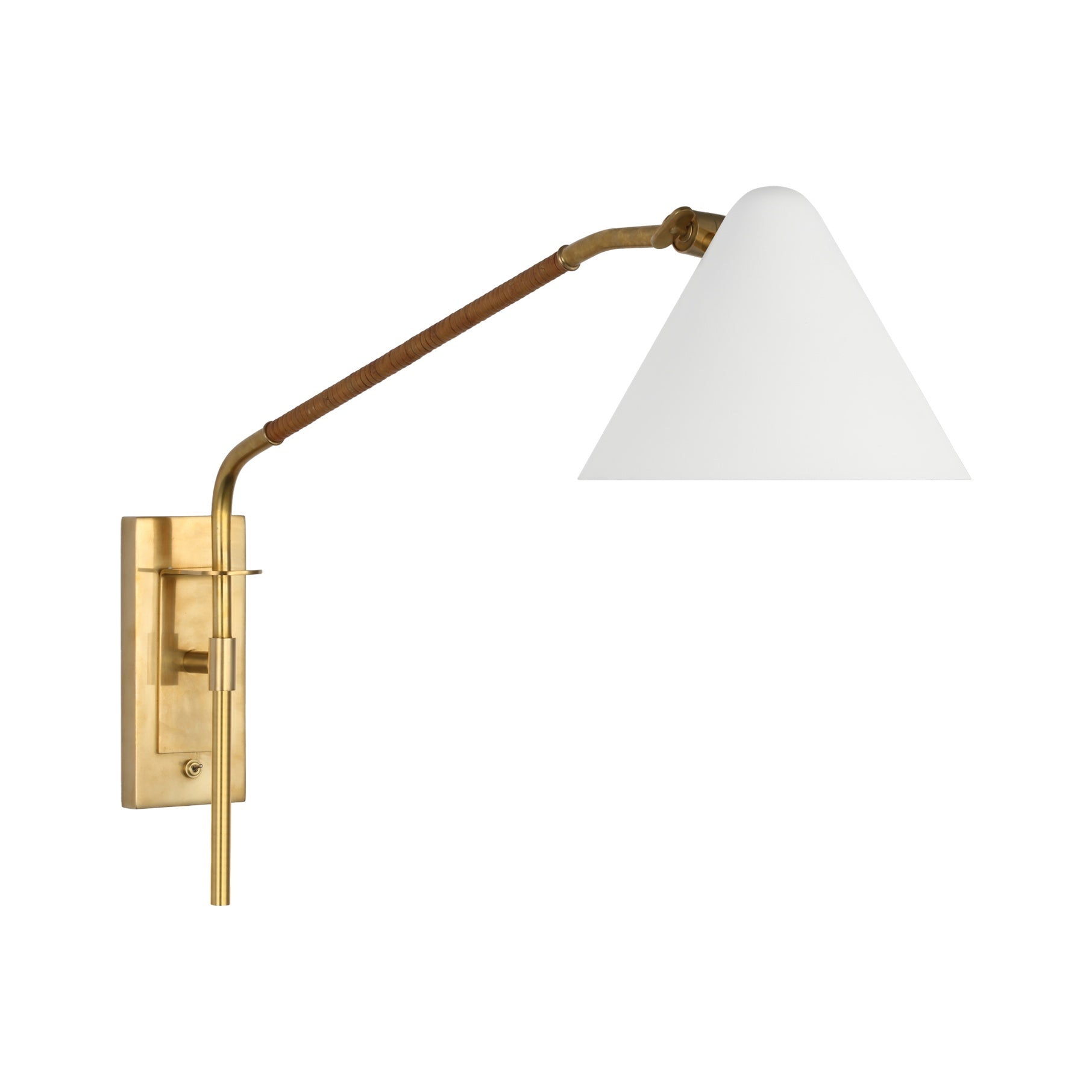 Laken Medium Articulating Wall Light LIGHTING - sconce Visual Comfort - Signature Hand-Rubbed Antique Brass and Natural Rattan White Glass