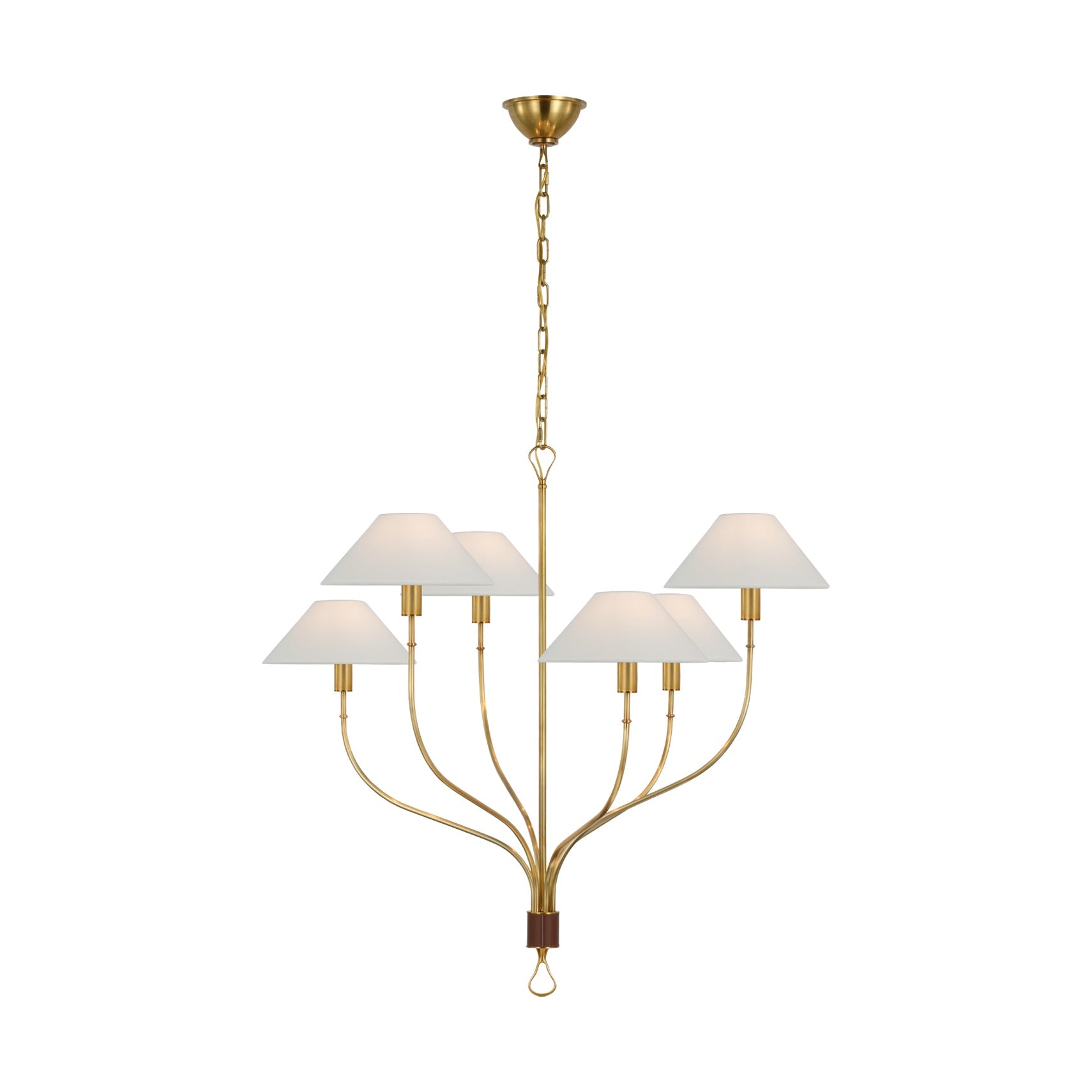 Griffin Large Staggered Tail Chandelier LIGHTING - chandelier Visual Comfort - Signature Hand-Rubbed Antique Brass and Saddle Leather