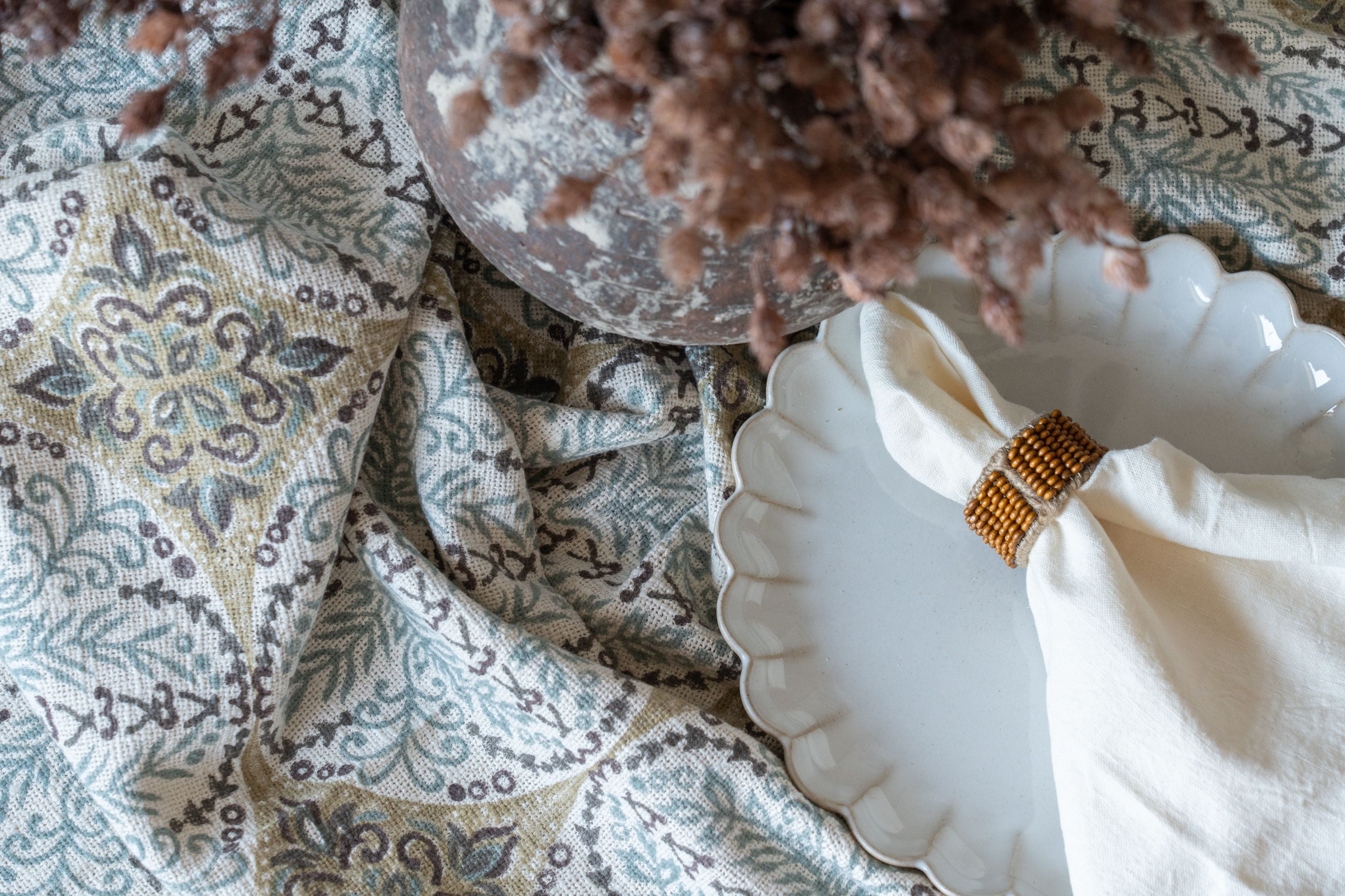 Floral Motif Block Print Tablecloth with Fringe - Rug & Weave