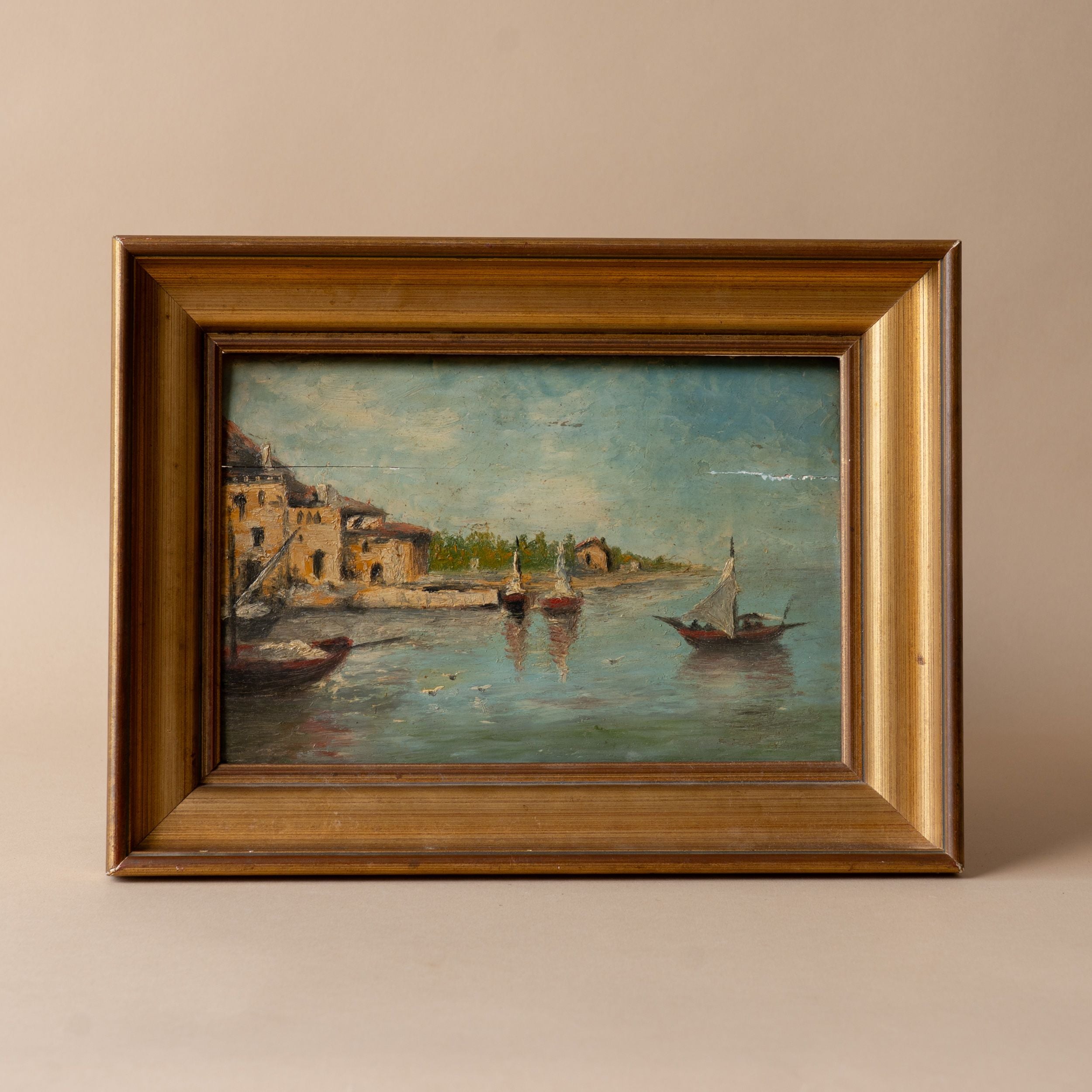 "Sleepy Seaside Village" Framed Antique Painting ARTWORK - vintage painting Hauer Market