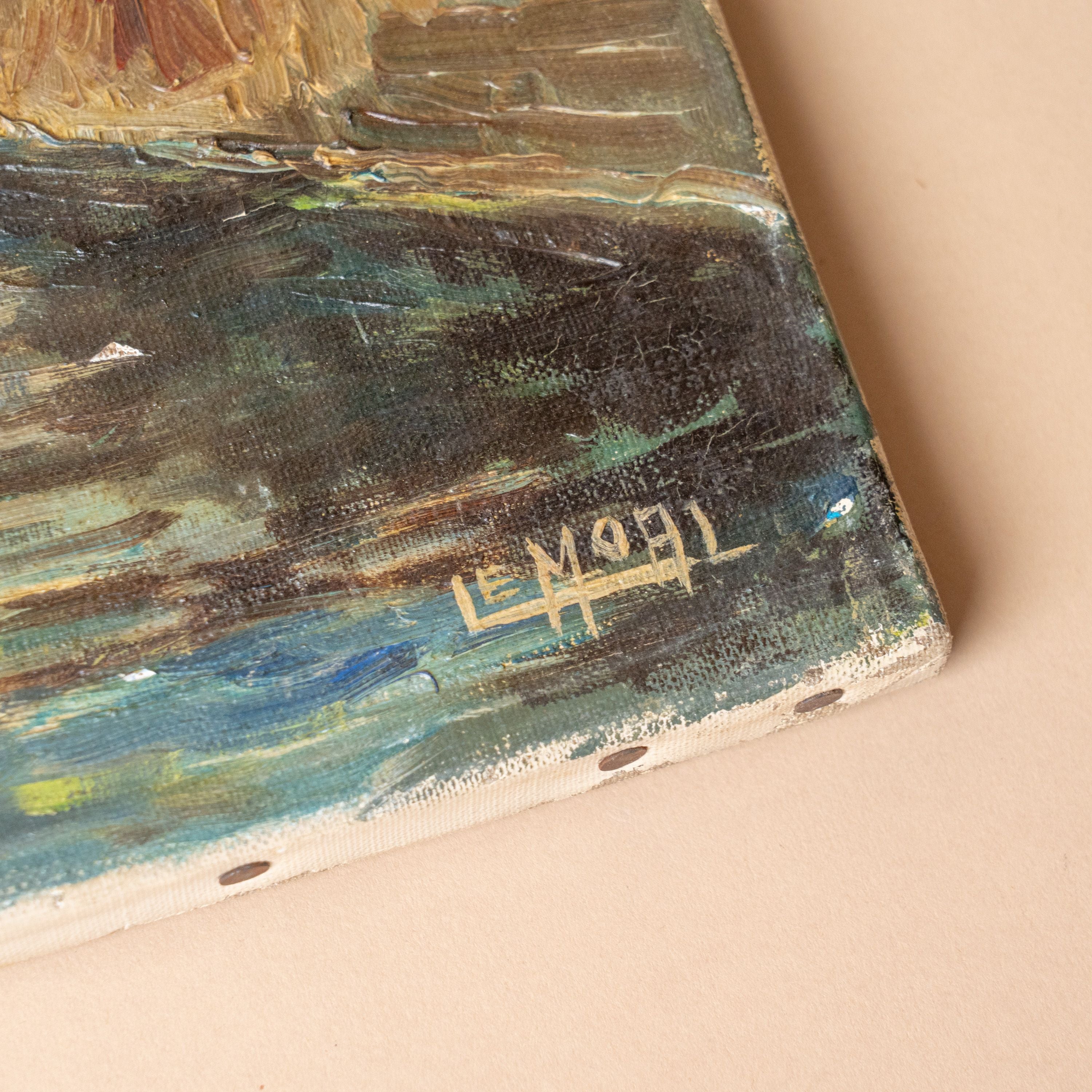 Antique French Oil Landscape Painting VINTAGE - artwork Rug and Weave