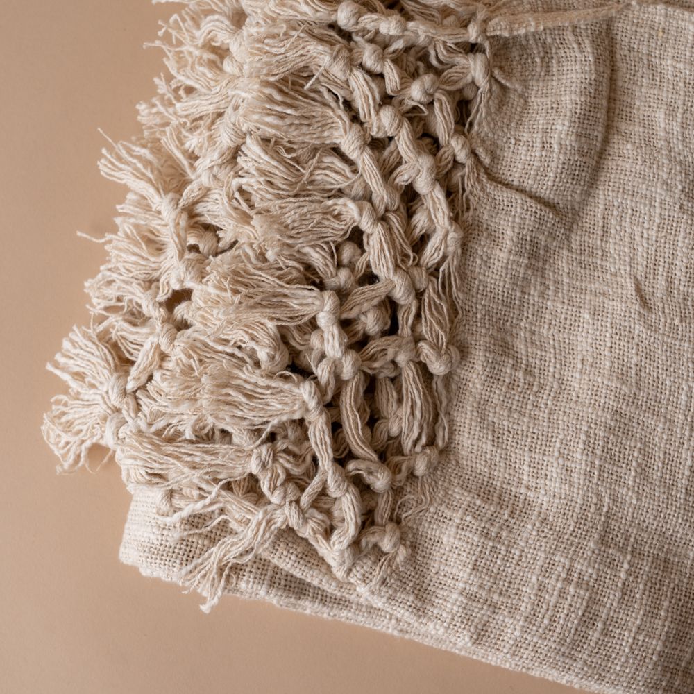 Ivory Braided Throw Blanket with Tassel - Rug & Weave