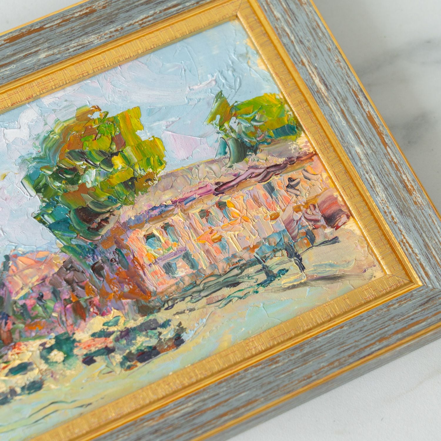 "Summertime Village" Framed Vintage Painting - Rug & Weave